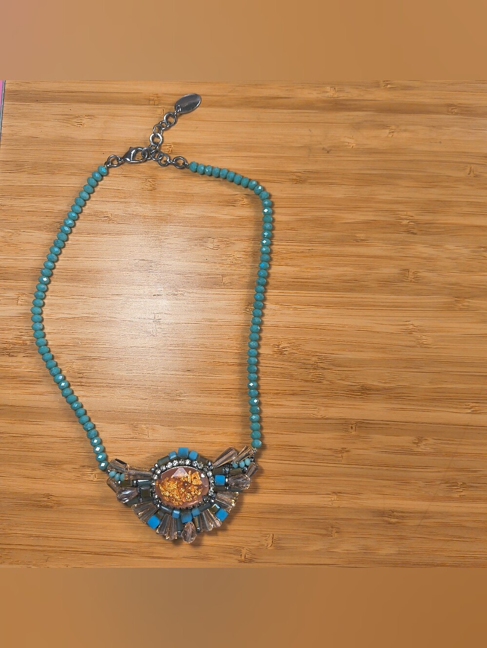 RUSH by Denis & Charles Teal & Gold Foil Cabochon Statement Bib Necklace